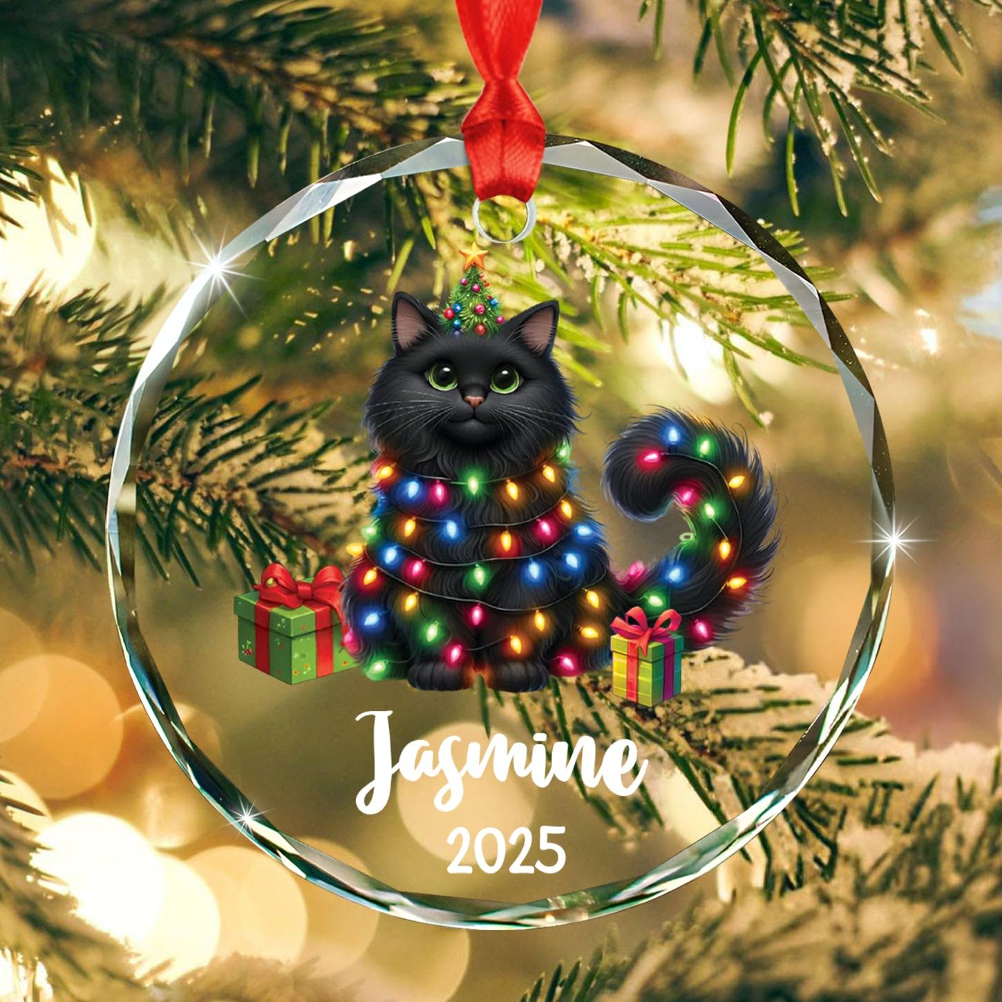 Custom Year & Name Black Domestic Longhair Cat Meow Glass Christmas Ornament 2026, Personalized Black Domestic Longhair Cat Xmas Ornaments Gift for Brother Sister Dad Mom, Unique Cats Glass Ornament - Image 3