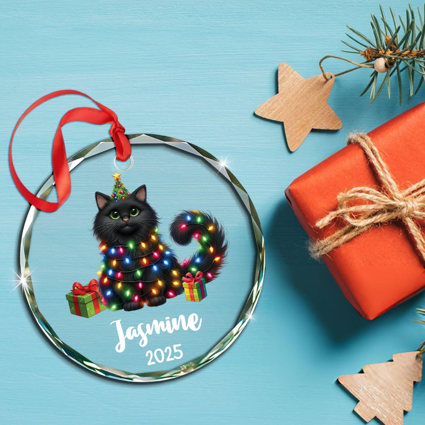 Custom Year & Name Black Domestic Longhair Cat Meow Glass Christmas Ornament 2026, Personalized Black Domestic Longhair Cat Xmas Ornaments Gift for Brother Sister Dad Mom, Unique Cats Glass Ornament - Image 4