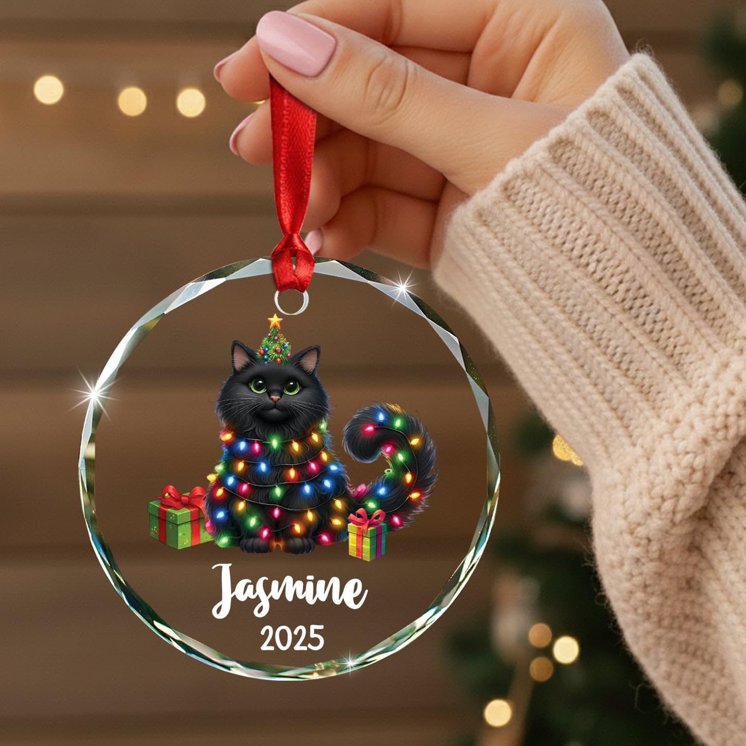 Custom Year & Name Black Domestic Longhair Cat Meow Glass Christmas Ornament 2026, Personalized Black Domestic Longhair Cat Xmas Ornaments Gift for Brother Sister Dad Mom, Unique Cats Glass Ornament - Image 5