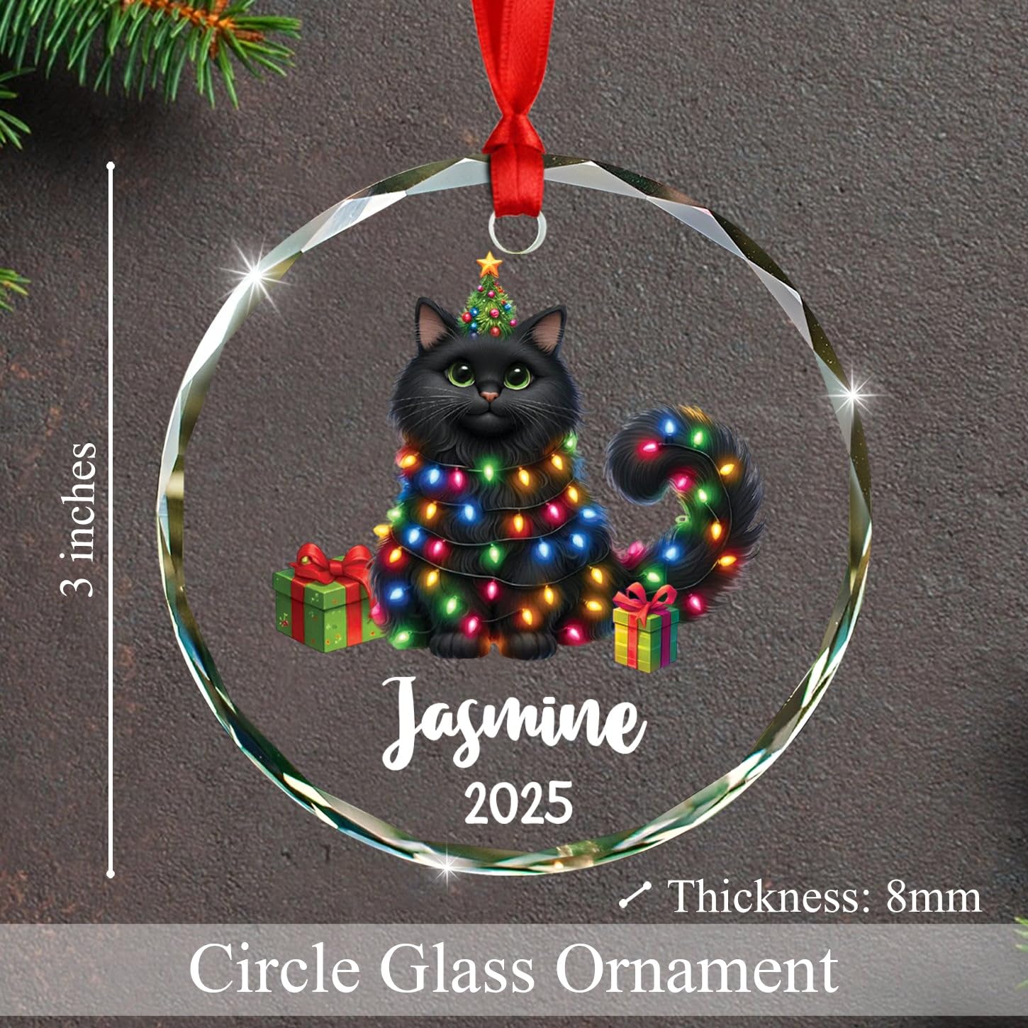 Custom Year & Name Black Domestic Longhair Cat Meow Glass Christmas Ornament 2026, Personalized Black Domestic Longhair Cat Xmas Ornaments Gift for Brother Sister Dad Mom, Unique Cats Glass Ornament - Image 6
