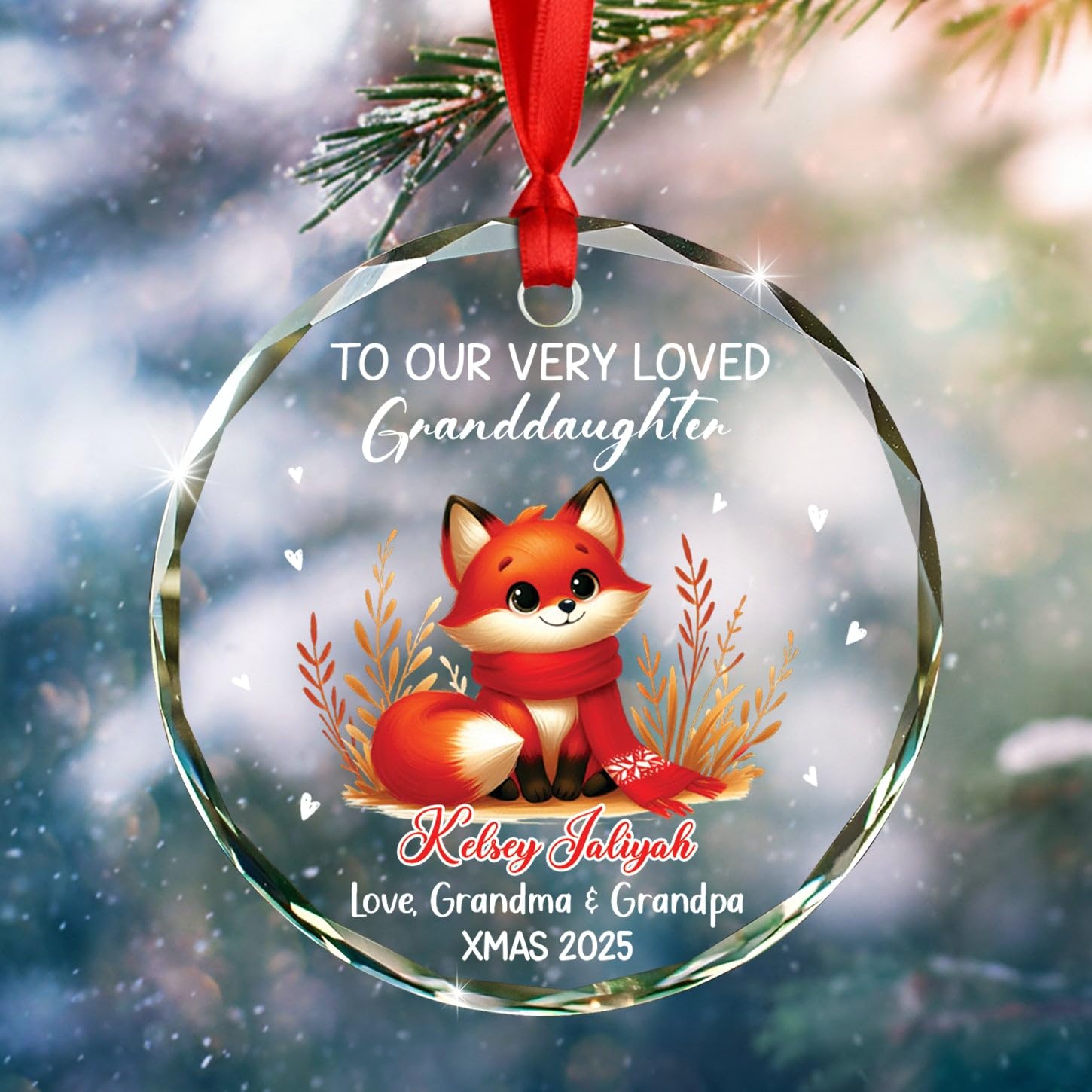 Customized Text & Name Granddaughter Fox Glass Ornament, to Our Very Loved Granddaughter Ornaments Gift from Grandparents, Personalized Granddaughters Fox Glass Christmas Ornament Gift for Birthday - Image 3