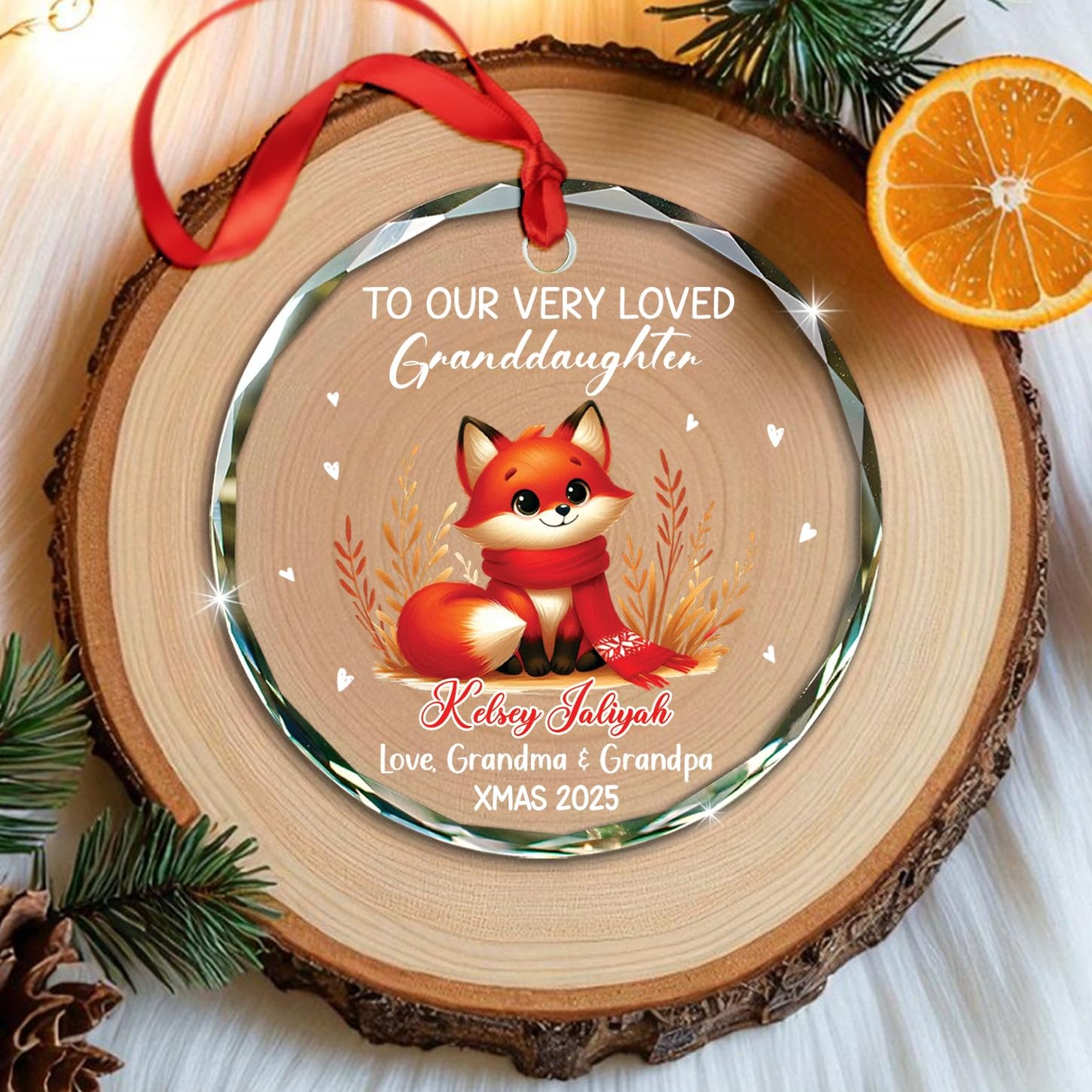 Customized Text & Name Granddaughter Fox Glass Ornament, to Our Very Loved Granddaughter Ornaments Gift from Grandparents, Personalized Granddaughters Fox Glass Christmas Ornament Gift for Birthday - Image 4