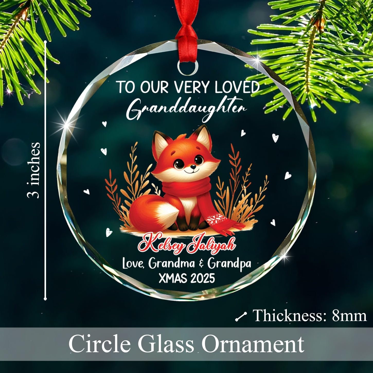 Customized Text & Name Granddaughter Fox Glass Ornament, to Our Very Loved Granddaughter Ornaments Gift from Grandparents, Personalized Granddaughters Fox Glass Christmas Ornament Gift for Birthday - Image 6