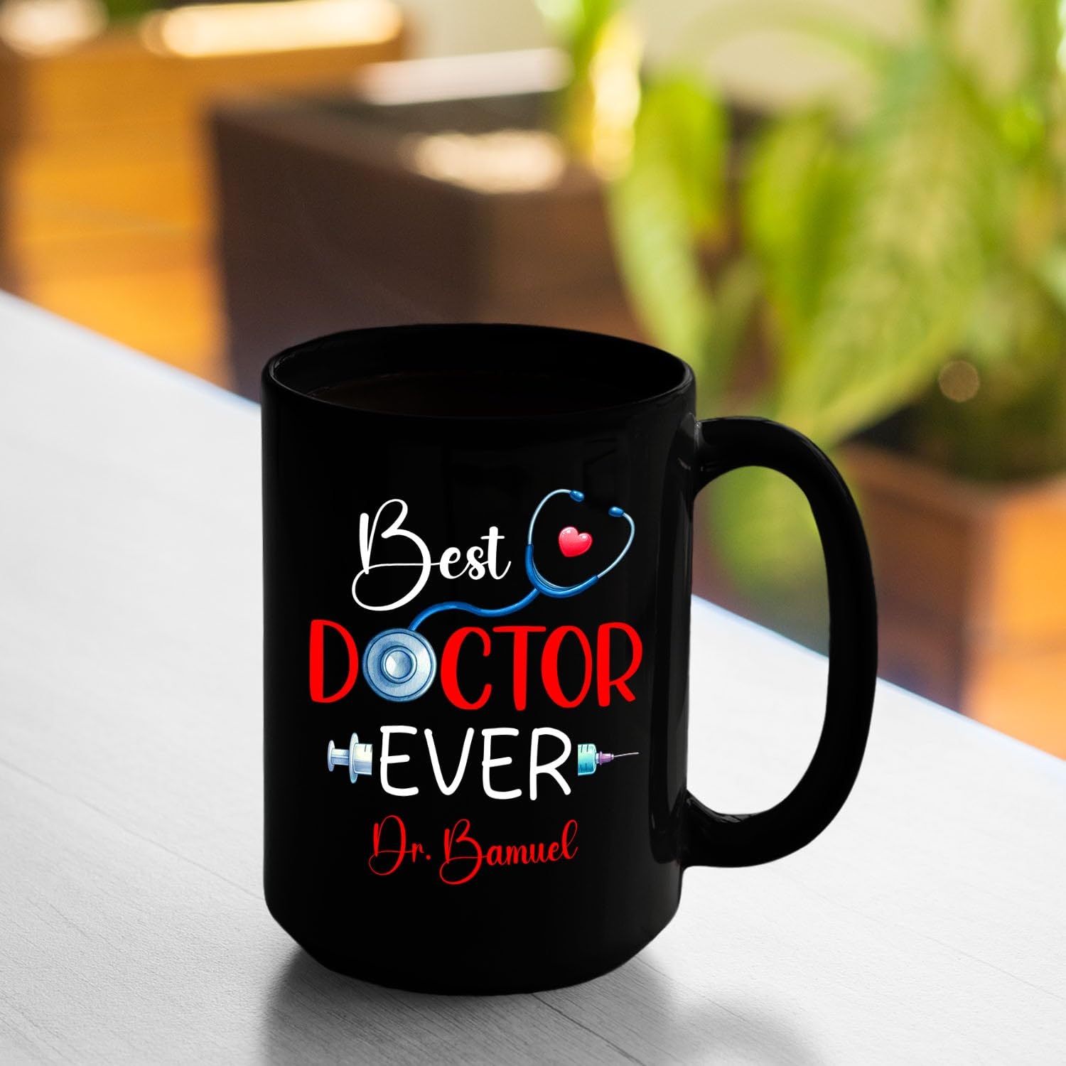 Personalized Best Doctor Ever Coffee Mug 11 Oz 15 Oz, Customized Name Dr Doctors Coffee Cup Gifts For Birthday, Stethoscope Travel Mug Gift For Doctor Appreciation, PhD Doctorate Black Ceramic Cup - Image 3