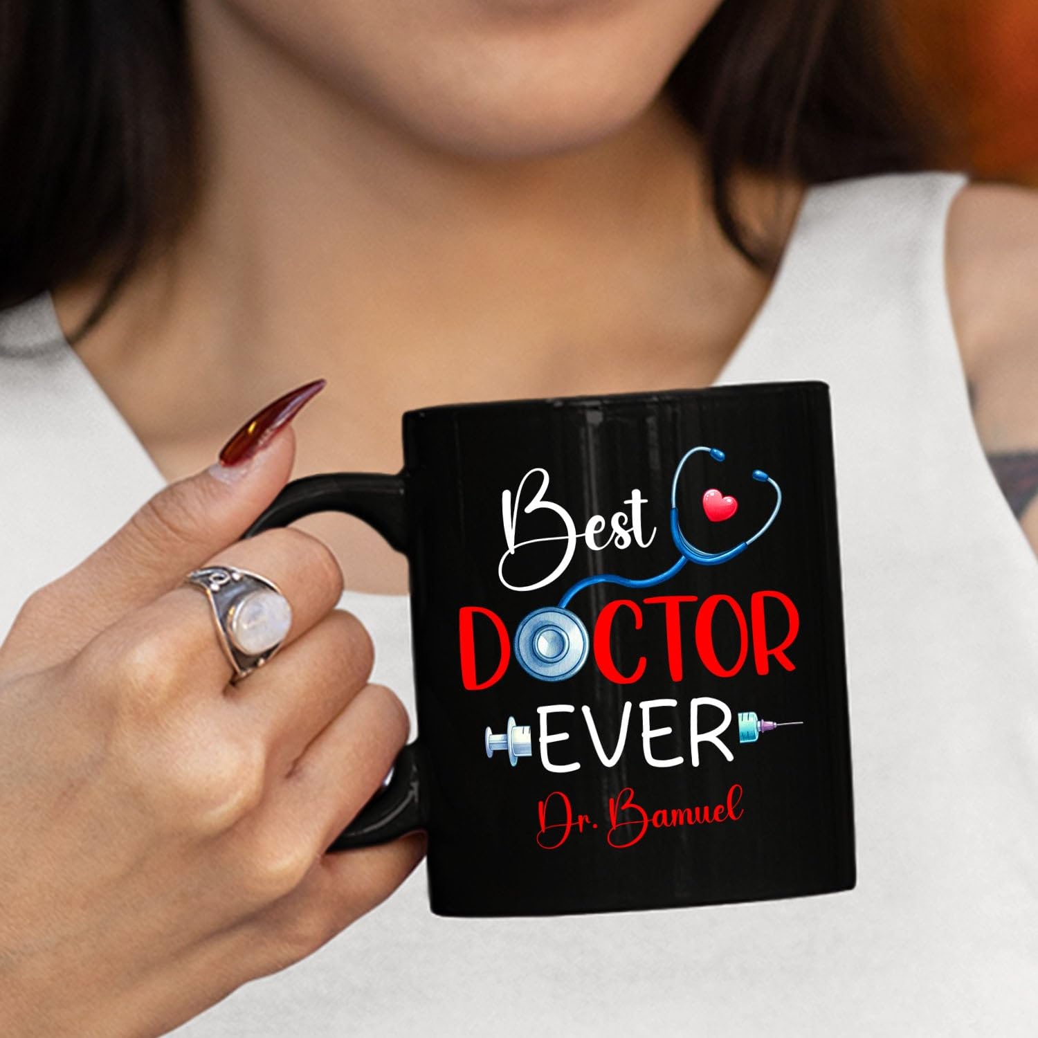 Personalized Best Doctor Ever Coffee Mug 11 Oz 15 Oz, Customized Name Dr Doctors Coffee Cup Gifts For Birthday, Stethoscope Travel Mug Gift For Doctor Appreciation, PhD Doctorate Black Ceramic Cup - Image 6