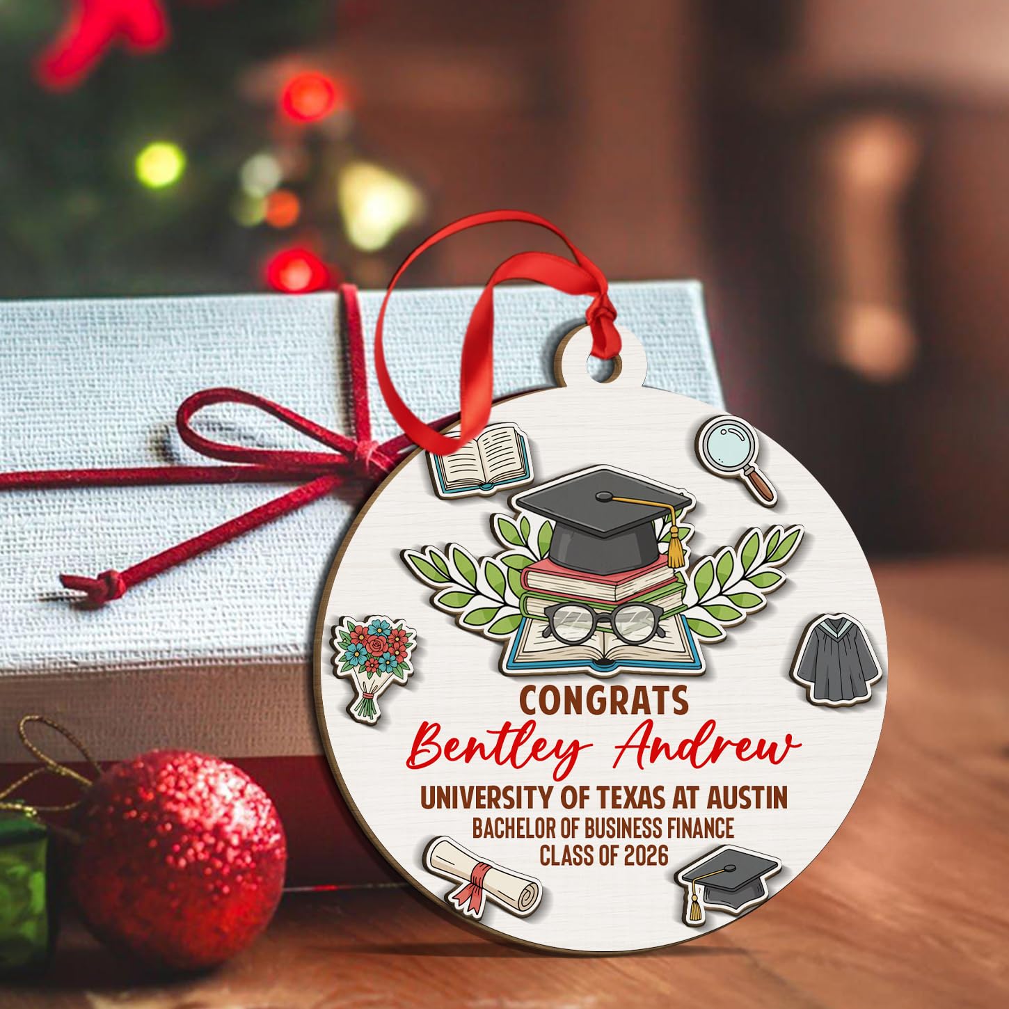 Personalized Congrats Graduation 2 Layer 3D Wooden Christmas Ornament Gift for Men Women, Senior High School/College Graduation Ornament, Custom Name School & Class of 2026 Graduate Xmas Ornaments - Image 4