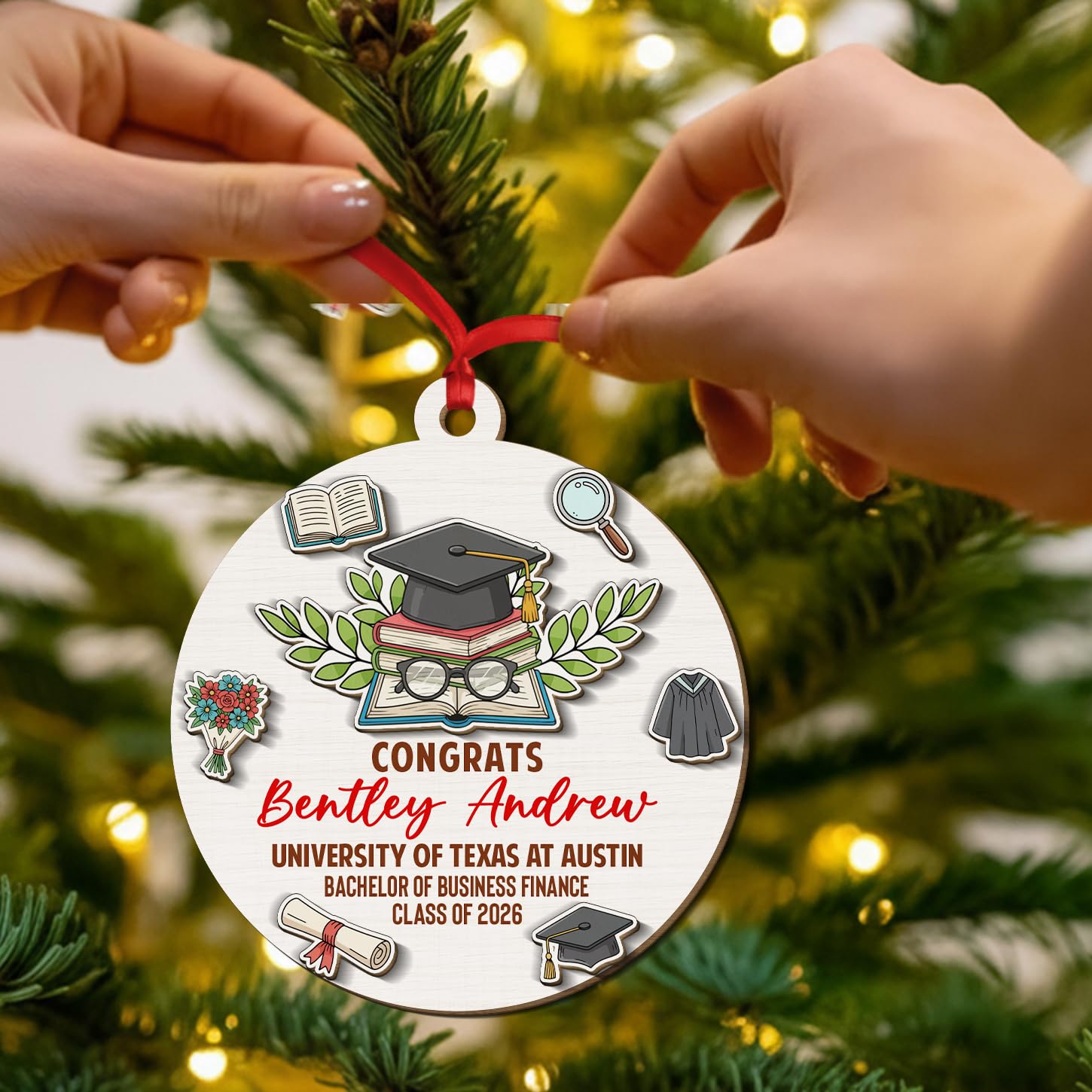 Personalized Congrats Graduation 2 Layer 3D Wooden Christmas Ornament Gift for Men Women, Senior High School/College Graduation Ornament, Custom Name School & Class of 2026 Graduate Xmas Ornaments - Image 5
