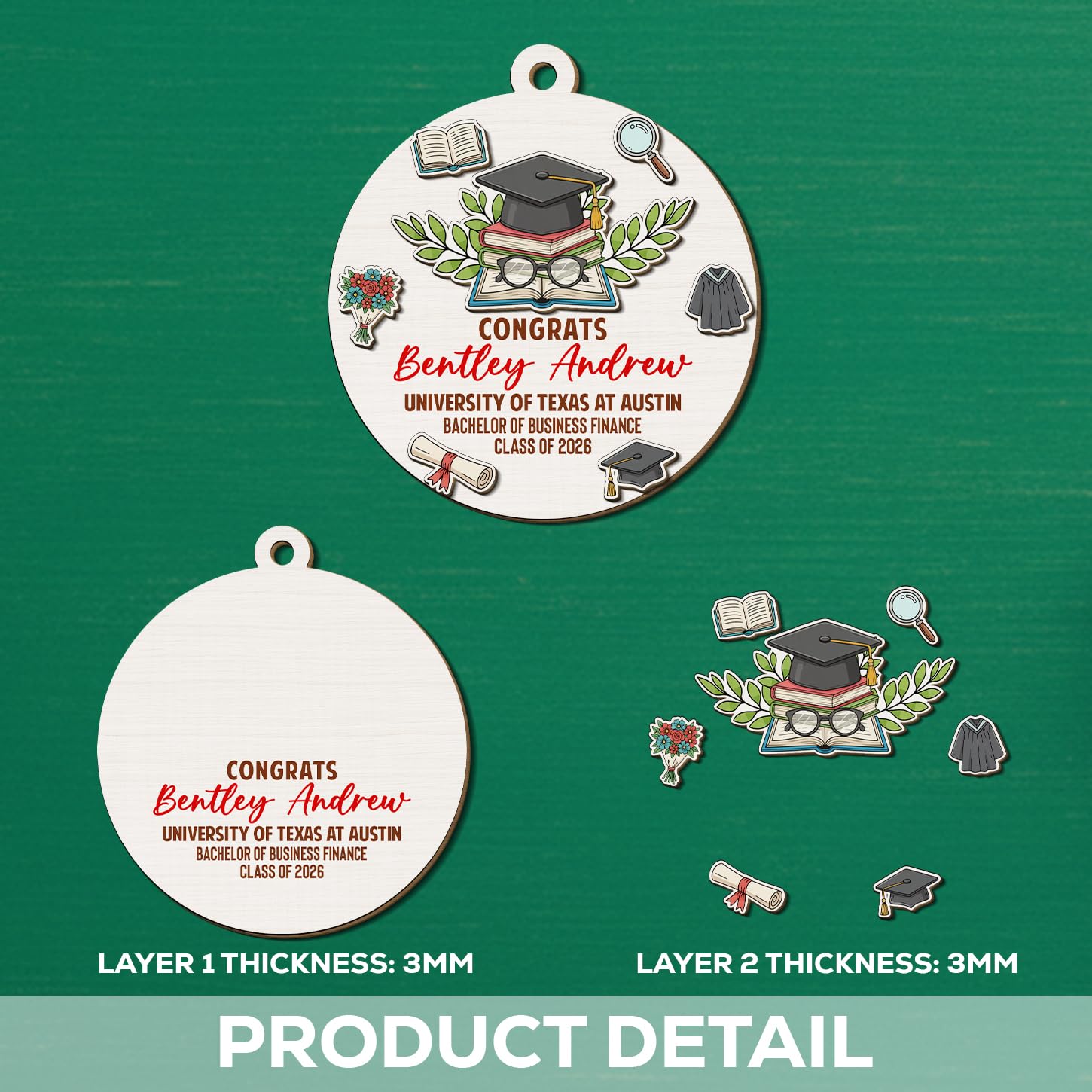 Personalized Congrats Graduation 2 Layer 3D Wooden Christmas Ornament Gift for Men Women, Senior High School/College Graduation Ornament, Custom Name School & Class of 2026 Graduate Xmas Ornaments - Image 6