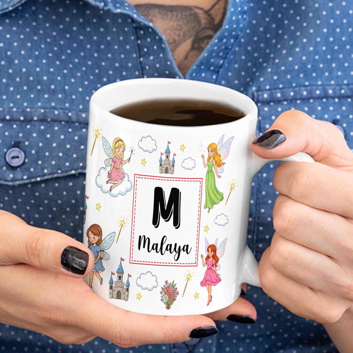 Personalized Initial & Name Fairy Hot Chocolate Cup, Fairy Accent Ceramic Mug 11Oz, Custom Fantasy Lover White Milk Cup Gift For Girl Daughter Sister, Fairies Mug Gift For Niece Birthday Anniversary - Image 6