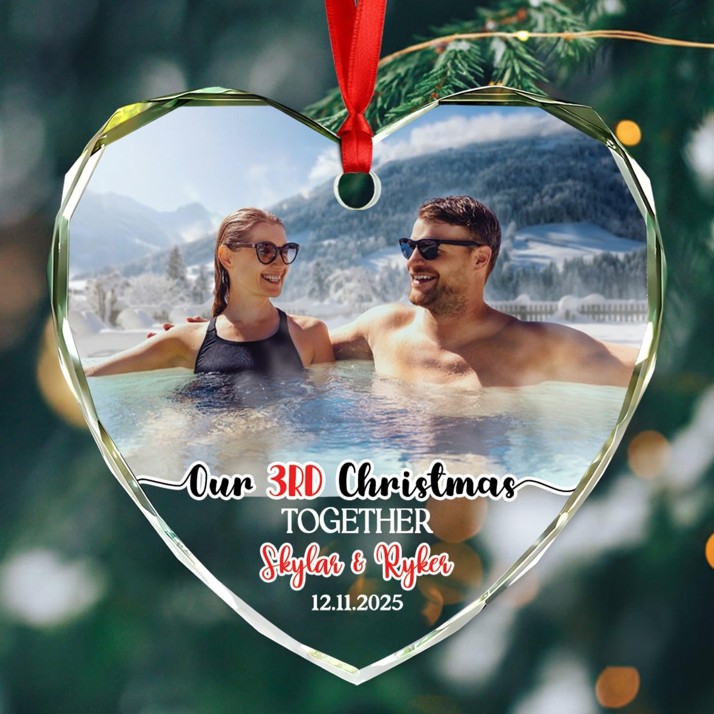 Photo Our 3rd Christmas Together Glass Ornament Gift for Couple Newly Wedding Anniversary, Personalized Date Names & Photo Couple Third Xmas Together Ornament 2026, Custom Mr & Mrs Married Ornaments - Image 3