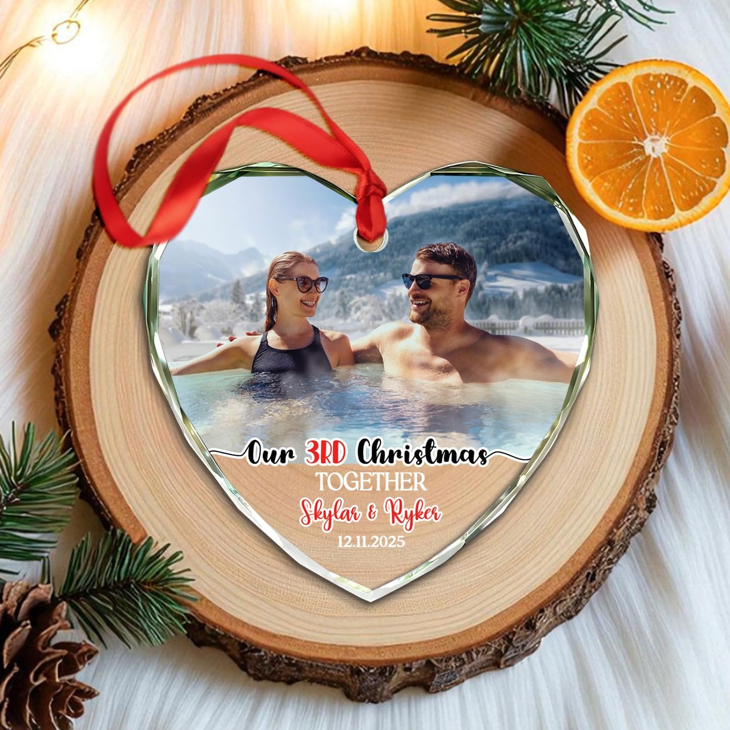 Photo Our 3rd Christmas Together Glass Ornament Gift for Couple Newly Wedding Anniversary, Personalized Date Names & Photo Couple Third Xmas Together Ornament 2026, Custom Mr & Mrs Married Ornaments - Image 4