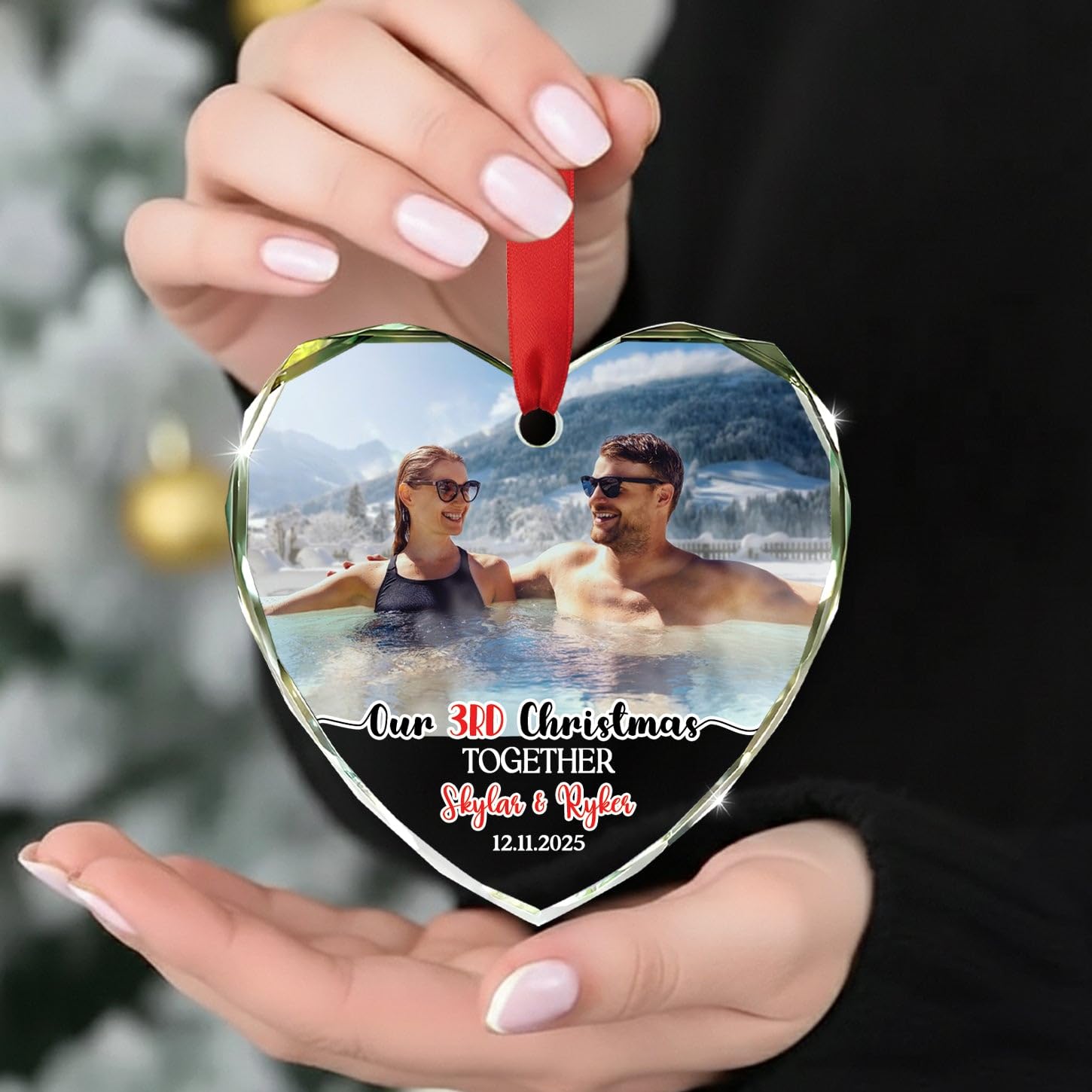 Photo Our 3rd Christmas Together Glass Ornament Gift for Couple Newly Wedding Anniversary, Personalized Date Names & Photo Couple Third Xmas Together Ornament 2026, Custom Mr & Mrs Married Ornaments - Image 5