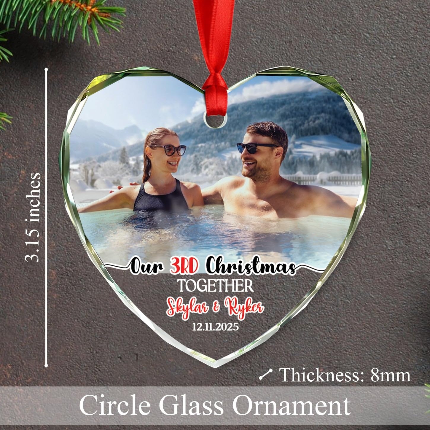 Photo Our 3rd Christmas Together Glass Ornament Gift for Couple Newly Wedding Anniversary, Personalized Date Names & Photo Couple Third Xmas Together Ornament 2026, Custom Mr & Mrs Married Ornaments - Image 6